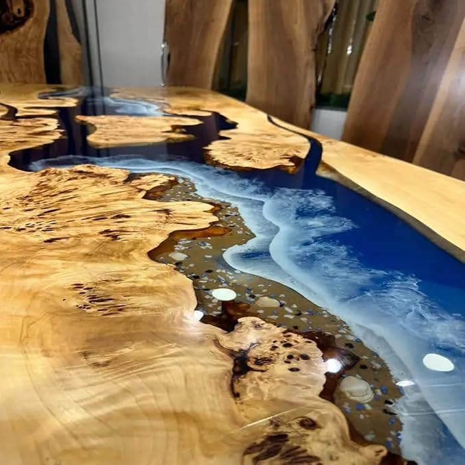 RESINHOMEFURNITURE Large Indoor Blue Island Ocean Look Epoxy Resin Dining Table Coffee Table End Table Wooden Table Living Room Table Bar Counter Home Décor Patio Table