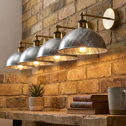 Dome Metal Wall Sconce, 180° Adjustable Industrial Wall Lamp for Bedside, Study, Kitchen, and Living Room Décor. (Brushed Silver.)