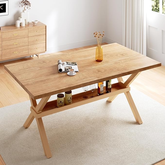 HIPIHOM 63" Dining Table with Storage Shelves, Crafted with MDF Desktop and Heavy Duty Metal Legs, Dining Sets for Kitchen & Dining Room Furniture, Small Spaces