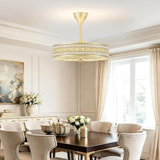 Gold Chandelier Light Fixture, 6-Light Champagne French Rococo Crystal Fandelier Ceiling Fan with Light, Coquette Decorative Bladeless Enclosed Caged Pendant for Dining Room, Bedroom, Living Room