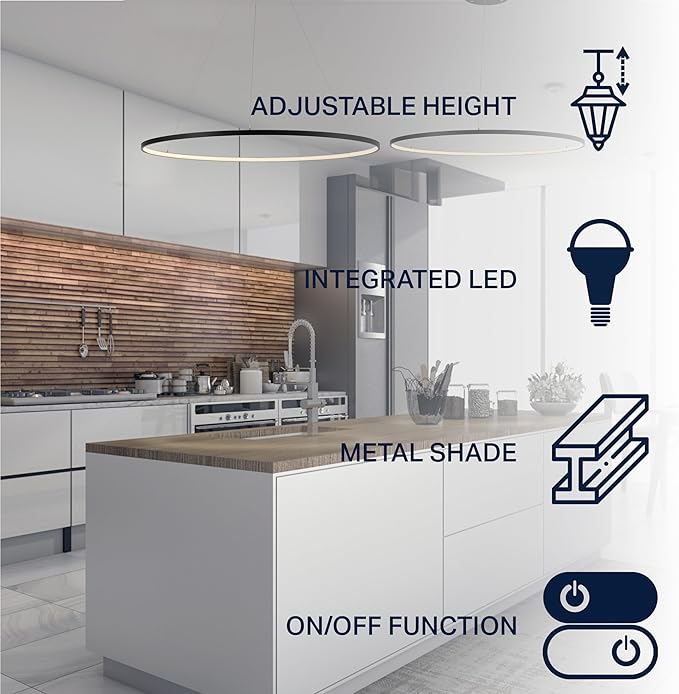 JONATHAN Y 35" Matte Black Modern Integrated LED Pendant Light, Dimmable Round Hoop Chandelier for Kitchen Island, Dining Room, Adjustable Height Metal Hanging Light (JYL7220A)