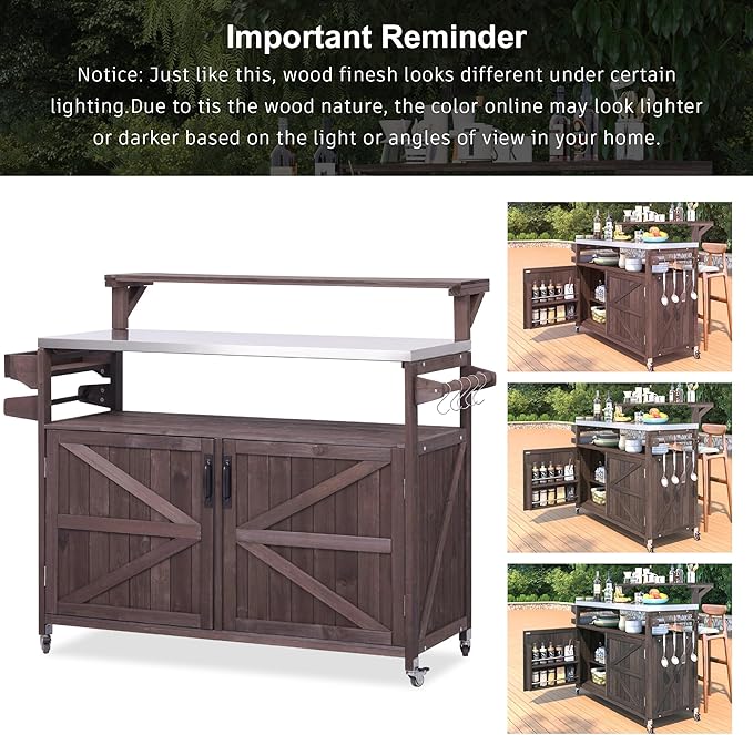 YOPTO 53.3" Outdoor Kitchen Island with Raised Shelf,Solid Wood Grill Cart,Stainless Steel Top,Adjustable Shelf,Spice Rack,Lockable Wheels,Brown
