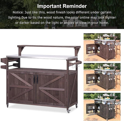 YOPTO 53.3" Outdoor Kitchen Island with Raised Shelf,Solid Wood Grill Cart,Stainless Steel Top,Adjustable Shelf,Spice Rack,Lockable Wheels,Brown