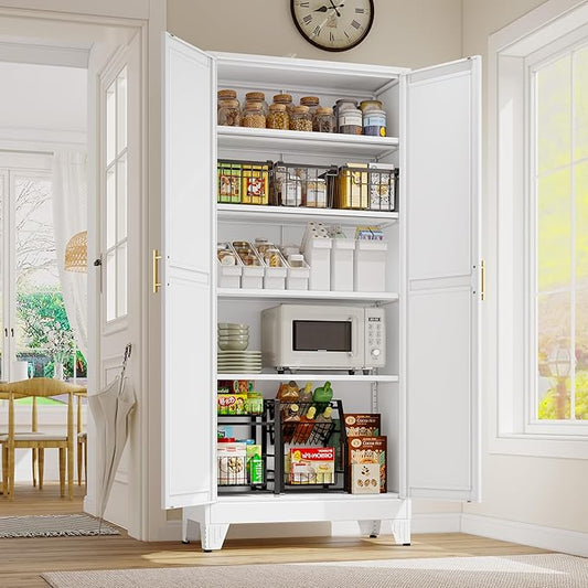 GAIOUS 71" Tall Metal Storage Cabinet with 2 Doors and 4 Adjustable Shelves, Kitchen Pantry Cabinet White Freestanding Cupboard, 5 Tier Multifunctional Steel Storage for Office, Kitchen, Dining Room