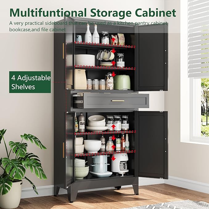 Bevivog Metal Storage Cabinet with Drawers, Tall Cabinets with Doors and Shelves, 4 Doors High Storage Cabinet for Office/Pantry/Living Room