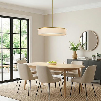 23.6 Inch Integrated LED Drum Chandeliers, 2800K Modern Fabric Pendant Light Fixture, White Linen and Gold Finish, Large Semi Flush Mount Lighting for Dining Room Bedroom Kitchen Entryway