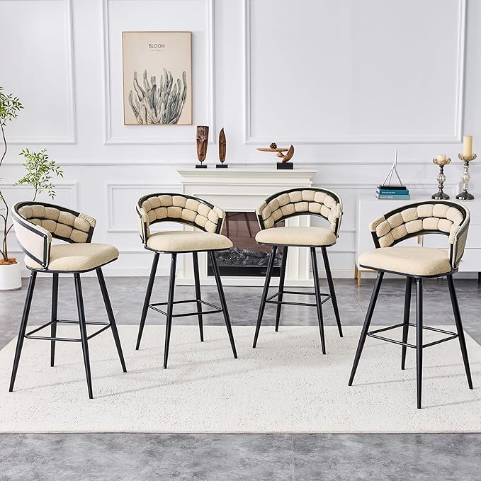 Set of 2 Beige Velvet Bar Stools with Black Iron Legs, Kitchen Island Counter Height Stools