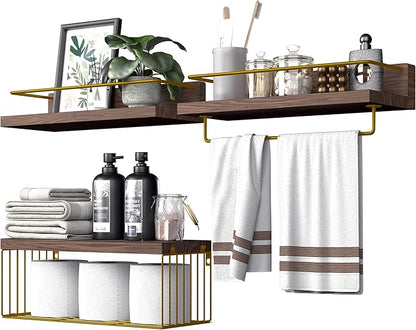 PopiShelves Bathroom Shelves Over Toilet for Wall, Floating Shelves with Storage Basket Paper Holer for Kitchen Living Room, Bedroom & Classroom, Set of 3 (Brown and Gold)