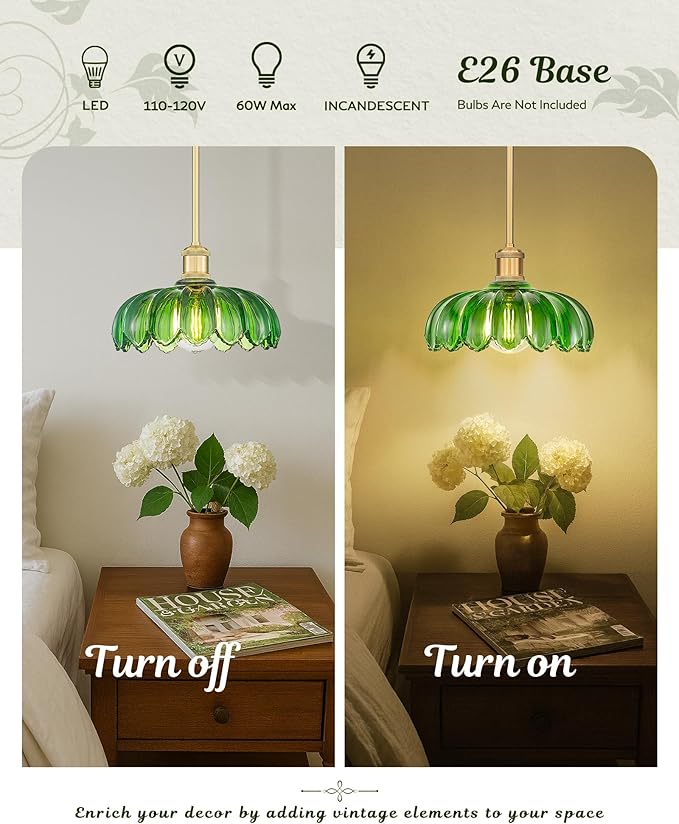 FEMILA 2 Pack Vintage Light Fixtures, Flower Green Glass Pendant Lights Kitchen Island, Brushed Gold Antique Chandelier, Hanging Light Fixture for Bedroom Hotel Living Room, 4FJX82MIL-2PK BG-G