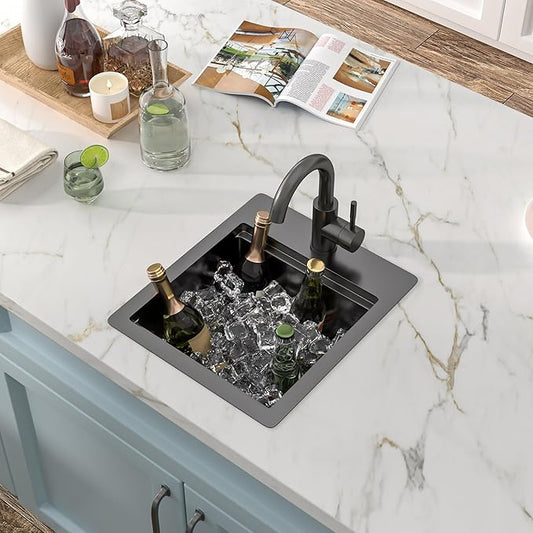 13"x15" Drop In Bar Prep Sink Workstation – Gunmetal Black NANO-PVD, 16 Gauge 304 Stainless Steel, Single Bowl Top Mount Wet Bar RV Outdoor Kitchen Sink with Faucet
