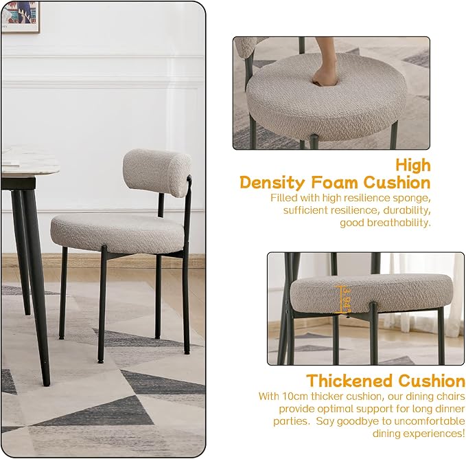 EDWELL Grey Dining Chairs Set of 6, Mid Century Modern Dining Room Chairs with 3.94” Cushions, Round Upholstered Boucle Chairs with Black Metal Legs for Kitchen, Living Room