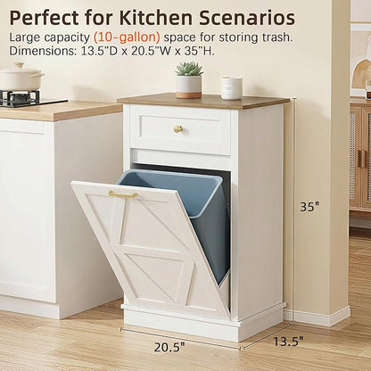 YESHOMY Tilt Out Trash Cabinet,10 Gallon Hidden Wooden Bin Cabinets, Laundry Hamper with Drawers, for Kitchen, Dining Room, White