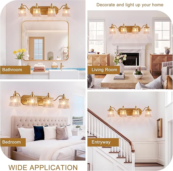 Gold Bathroom Light Fixtures, 4-Light Bathroom Vanity Light with Crystal Glass Shade, Matte Antique Gold Finish Vintage Vanity Light, Brushed Gold Vanity Lights for Bathroom, Bedroom, Hallway