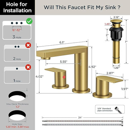 FORIOUS Brushed Gold Bathroom Faucets 3 Hole, 8 Inch Widespread Bathroom Sink Faucet with Pop-up Drain and Cupc Supply Lines, 2-Handle for Vanity, Hotel Restroom