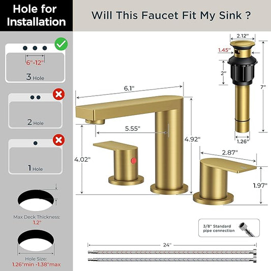 FORIOUS Brushed Gold Bathroom Faucets 3 Hole, 8 Inch Widespread Bathroom Sink Faucet with Pop-up Drain and Cupc Supply Lines, 2-Handle for Vanity, Hotel Restroom