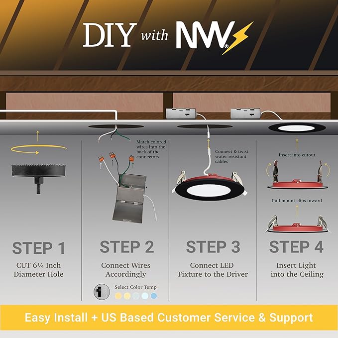 NUWATT 12-Pack 2 Hour Fire Rated Recessed Lighting, 4 Inch Wafer LED Lights, 5CCT 2700K/3000K/3500K/4000K/5000K, Wet & IC Rated, CRI90 Black Recessed Lights, 12W, Dimmable 900LM, No Tenmat Needed, ETL