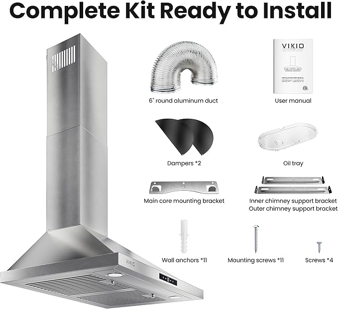 VIKIO HOME Wall Mount Range Hood 36inch, 580 CFM, Ducted/Ductless Convertible, Stainless Steel Kitchen Vent Hood with 3-Speed Fan and LED Lights