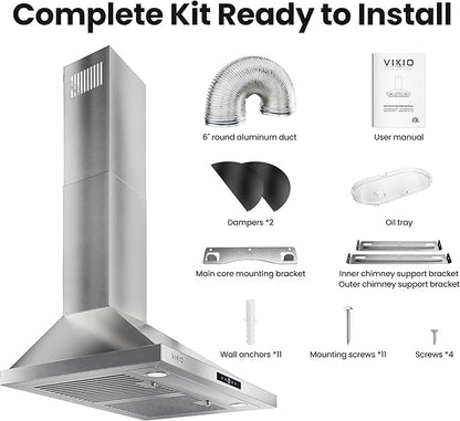 VIKIO HOME Wall Mount Range Hood 30 inch, 580 CFM, Ducted/Ductless Convertible, Stainless Steel Kitchen Vent Hood with 3-Speed Fan and LED Lights