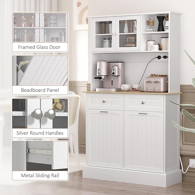 HOMCOM 68" Kitchen Pantry Storage Cabinet with Charging Station, 2 Tilt Out 10 Gallon Trash Can Cabinets and Drawers, Freestanding Kitchen Hutch with Glass Doors and Adjustable Shelf, White
