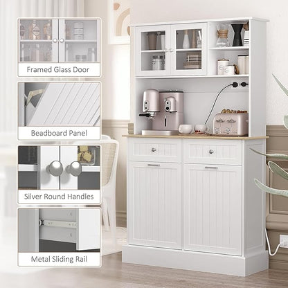 HOMCOM 68" Kitchen Pantry Storage Cabinet with Charging Station, 2 Tilt Out 10 Gallon Trash Can Cabinets and Drawers, Freestanding Kitchen Hutch with Glass Doors and Adjustable Shelf, White