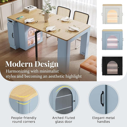 15.6"-59" L x 32.7” W Extendable Dining Table with 3 Removable Middle Leaves Arched Glass Door Power Outlet USB Ports Leveling Feet MDF Kitchen Island Bar Table for Small Spaces Grey-Blue,Natural