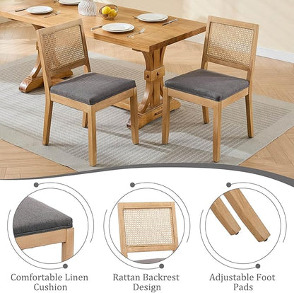 Modern Wooden Dining Chair Set of 4, Farmhouse Kitchen & Dining Room Chair with Solid Wood Legs, Rattan Upholstered Kitchen Chairs for Restaurant/Living Room (Gray, Set of 4)