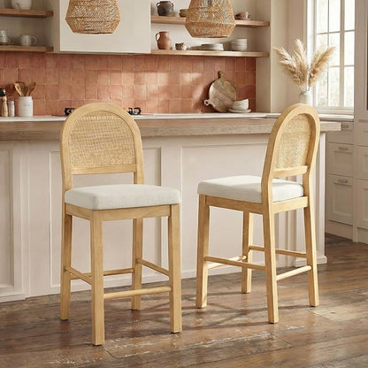 Rattan Counter Height Bar Stools Set of 3, Upholstered Farmhouse Barstools with Natural Rattan Back, Wooden Legs for Kitchen Island, Natural/Linen