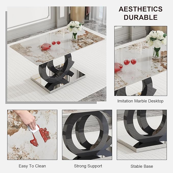 Ebullient 63" Marble Dining Table, Modern Rectangular Glass Kitchen Table, PDLB Marble Top with Black OC Design Base，Dining Room Tables for 4-6，Dinner Table