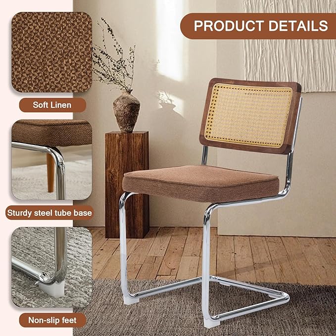 Rattan Back Linen Dining Chair Set of 6 Modern Stainless Chrome Base Armless Upholstered Side Chair for Dining Room, Kitchen Island,Coffee