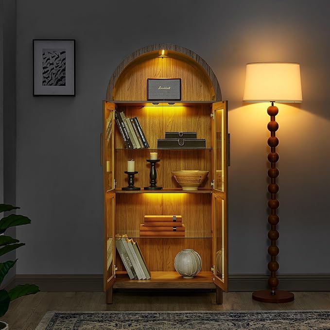 Ball & Cast 67" Tall Arched Kitchen Pantry Cabinet with Lamp, Modern Wooden Storage Cabinet with Glass Doors & Adjustable Shelves,Versatile Display Cabinet for Kitchen, Living Room,Dining Room,Brown
