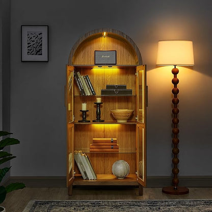 Ball & Cast 67" Tall Arched Kitchen Pantry Cabinet with Lamp, Modern Wooden Storage Cabinet with Glass Doors & Adjustable Shelves,Versatile Display Cabinet for Kitchen, Living Room,Dining Room,Brown