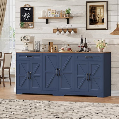 71” Large Sideboard Buffet Cabinet with Storage, Farmhouse Kitchen Buffet Cabinet with Adjustable Shelves and 6 Barn Doors, Wood Coffee Wine Bar Console Table for Kitchen, Dining Room, Navy Blue