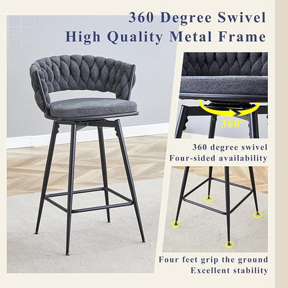 4 Set Swivel Bar Stools with Breathable Linen Cotton Seats 360° Rotating Counter Height Stools, Heavy Duty Iron Frame, 300lb Capacity for Kitchen Island, Dining Pub Blackish Gray