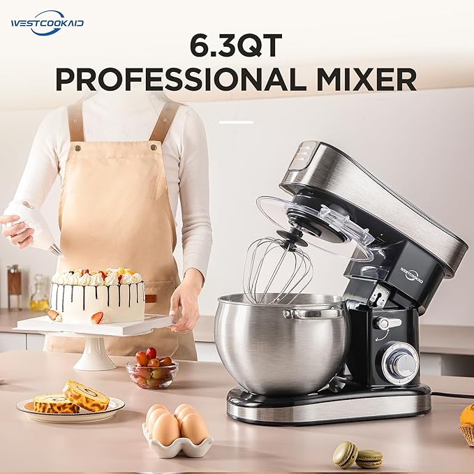 3-IN-1 Electric Stand Mixer, 6.3QT Bowl 6-Speed with Pulse Kitchen Mixer, 400W Household Food Mixers include Dough Hook, Beater and Whisk, Bread Cake Mixer for Baking and Most Home Cooks, Black