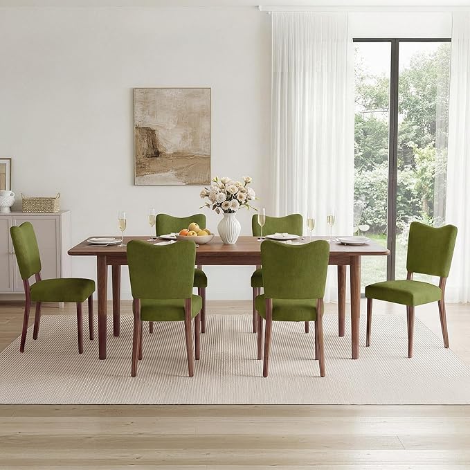 KISLOT Upholstered Dining Chairs Set of 6, Modern Velvet Kitchen Chairs with Solid Wood Legs, High Back Wooden Dining Room Chairs with Dark Walnut Color Legs for Farmhouse Kitchen Dining Room, Green