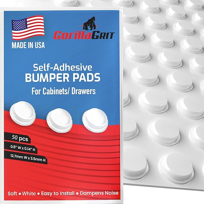 50 Pack White Cabinet Door Bumpers - 1/2” Diameter White Adhesive Pads for Drawers, Glass Tops, Cutting Boards, Picture Frames, Small Furniture