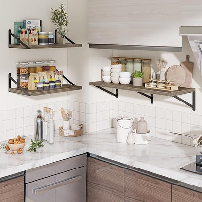 Deep Wall Shelves 48"W x 12"D Engineered Wood Floating Shelves for Wall, Sturdy Metal Bracket Bookshelves Home Decor Storage for Living Room Bedroom Bathroom Kitchen, Set of 2, Grey Finish