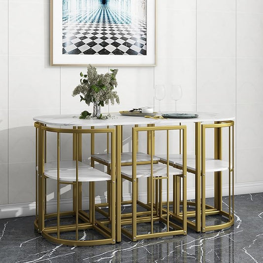 RuiSiSi Modern Dining Table Set for 6 Kitchen Table Set with 6 Dining Chairs and Faux Marble Tabletop for Kitchen, Dining Room, Small Space, Gold+White
