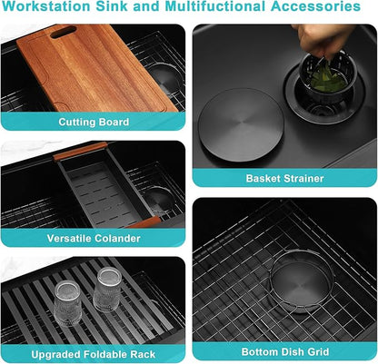 Black Undermount Kitchen Sink 30 inch,16 Gauge Stainless Steel Sinks,Single Bowl Workstation Sink,Modern Kitchen Sink Offset Drain (30" X 18")