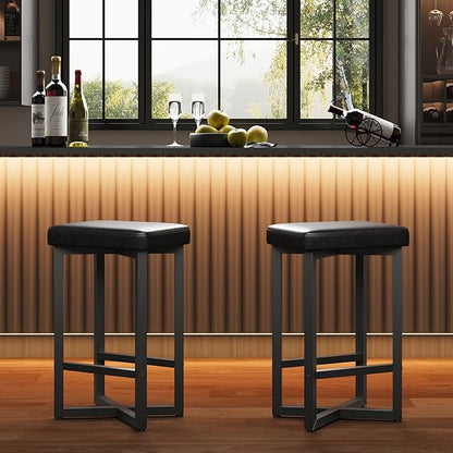 IDEALHOUSE Bar Stools Set of 2, 24.6" Counter Height Backless Barstools, Upholstered PU Leather Seats with Metal X-Frame & Footrest, Modern Kitchen Stools for Home Bar, Dining Room, Black
