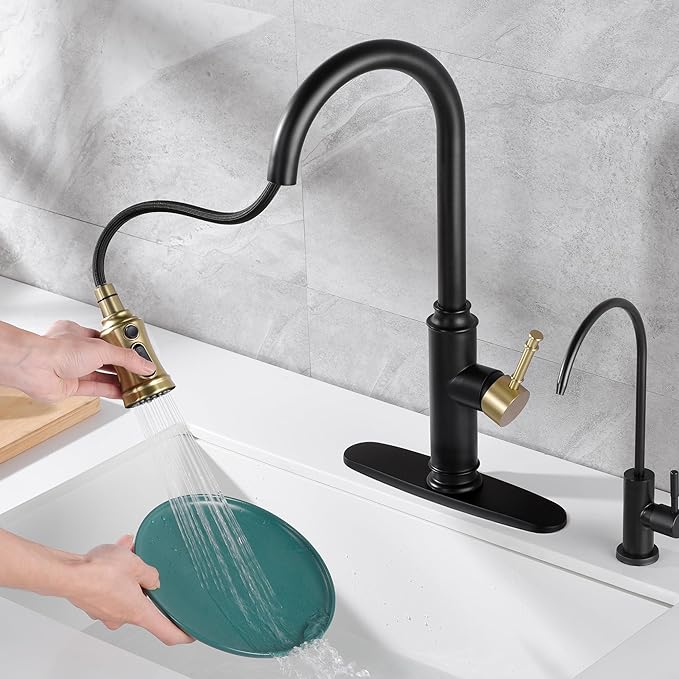 SUMERAIN Kitchen Faucet with Pull Down Sprayer and 10" Deck Plate, Black&Gold Commercial Stainless Steel Single Handle