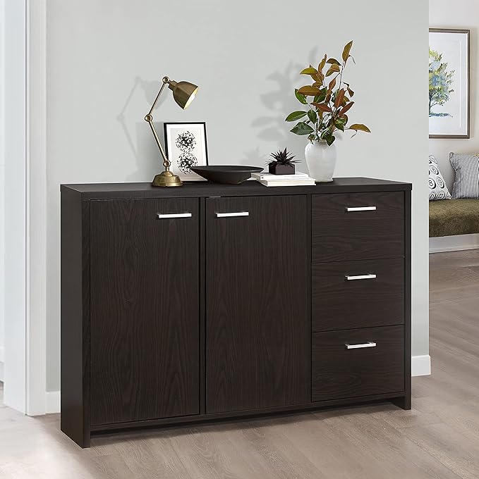 Kings Brand Furniture 47” Sideboard Buffet Cabinet – Modern Credenza Storage Console with 2 Doors, 3 Drawers & Adjustable Shelves, Oak Chocolate Dining Room & Kitchen Accent Cabinet