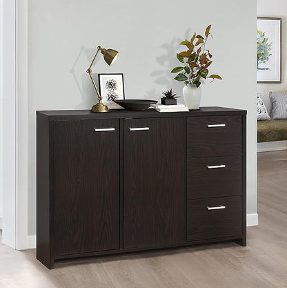 Kings Brand Furniture 47” Sideboard Buffet Cabinet – Modern Credenza Storage Console with 2 Doors, 3 Drawers & Adjustable Shelves, Oak Chocolate Dining Room & Kitchen Accent Cabinet