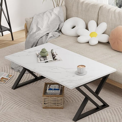 Wolawu Coffee Table White Living Room Center Table, Simple Modern Faux Marble Rectangular Tea Table with Sturdy Black Metal Frame,Industrial Wooden Coffee Table for Bedroom Home Office