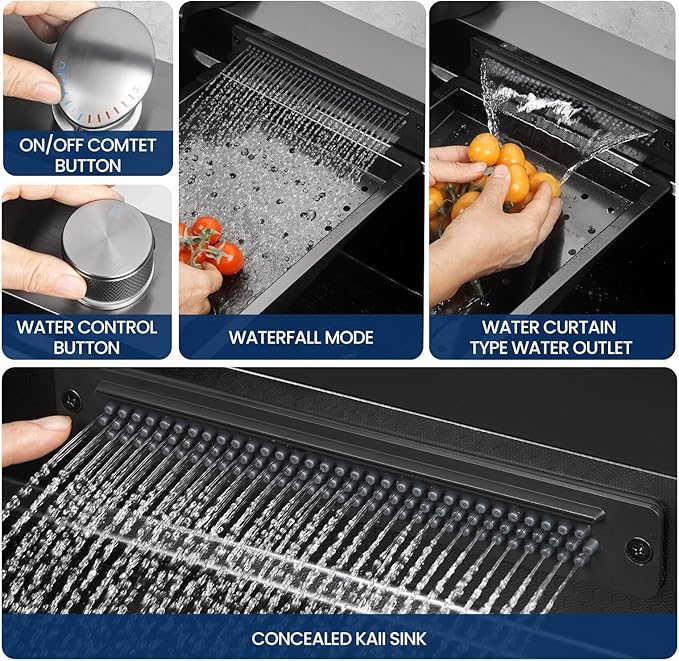 33 inch Waterfall Kitchen Sink Metal Black -Feibus 33x22x10 Drop In Sink with Faucet Combo Double Step Workstation 16 Gauge Multifunctional Stainless Steel Single Bowl