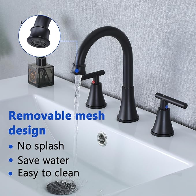 HOTIS Black Bathroom Faucet 3 Hole, 2 Handle 360° Swivel Matte Black 8 Inch Widespread Bathroom Sink Faucet, Lavatory Sink Faucet with Pop-up Drain and Supply Lines, HT-MC-032B