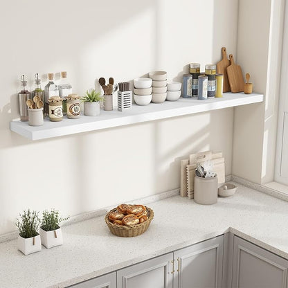 Fun Memories 72 Inch Fireplace Mantel Shelf, 10 Inch Deep Shelves for Display & Wall Storage, Rustic Wood Wall Shelf, Extra Long Floating Shelves for Living Room Laundry Room, White, Set of 1