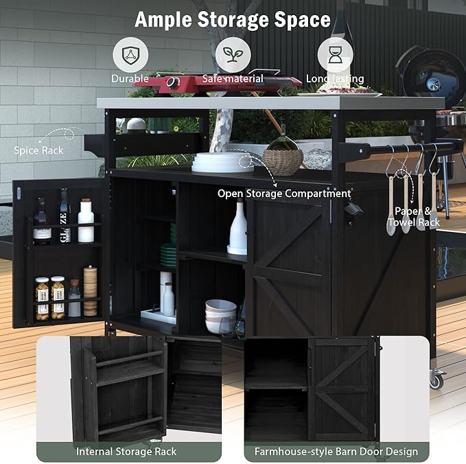Modern Dining Table Outdoor Kitchen Island with Cabinet, Rolling Bar Cart, Farmhouse Solid Wood Grill Table with Stainless Steel Top, Spice Rack, Towel Rack for Kitchen Dining Room Tables,Blac