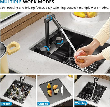 15 Inch Undermount RV Kitchen Sink Workstation - Fulorni 15"x17" Outdoor RV Mobile Camper Wet Bar Prep Sink Gunmetal Black NANO-PVD 16 Gauge 304 Stainless Steel Single Bowl Basin with Foldable Faucet
