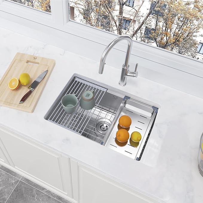 27 Inch Undermount Kitchen Sink 16 Gauge Stainless Steel Ledge Workstation Sink Round Corners Deep Single Bowl Kitchen Sinks with Accessories 27"x19"x10"